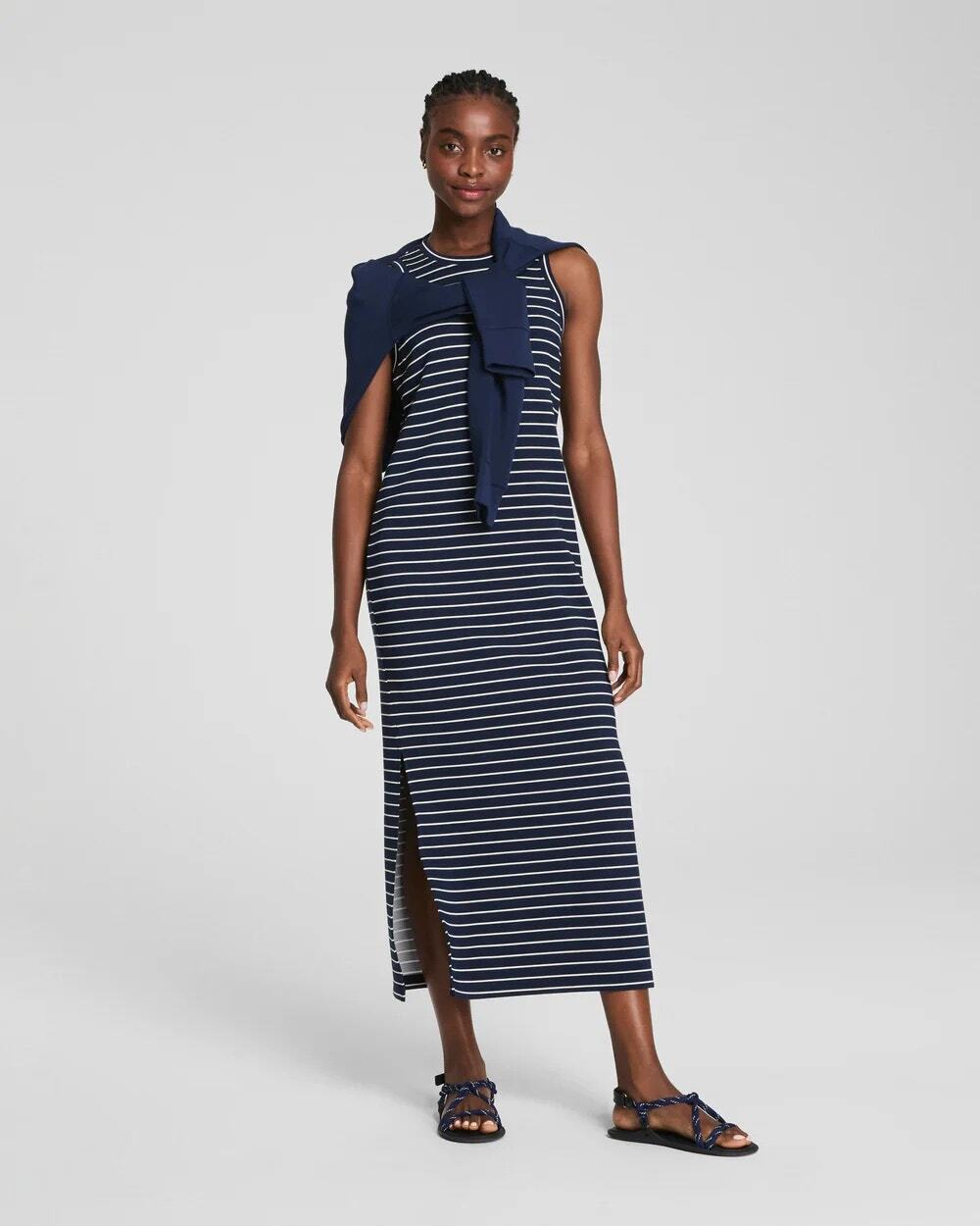 Spanx AirEssentials Striped Sleeveless UPF 50+ Tank Maxi Dress Navy Blue Medium